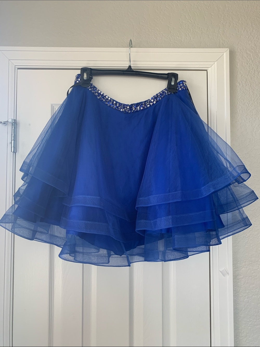 Royal Blue Layered Tulle Skater Skirt with Embellished Waist